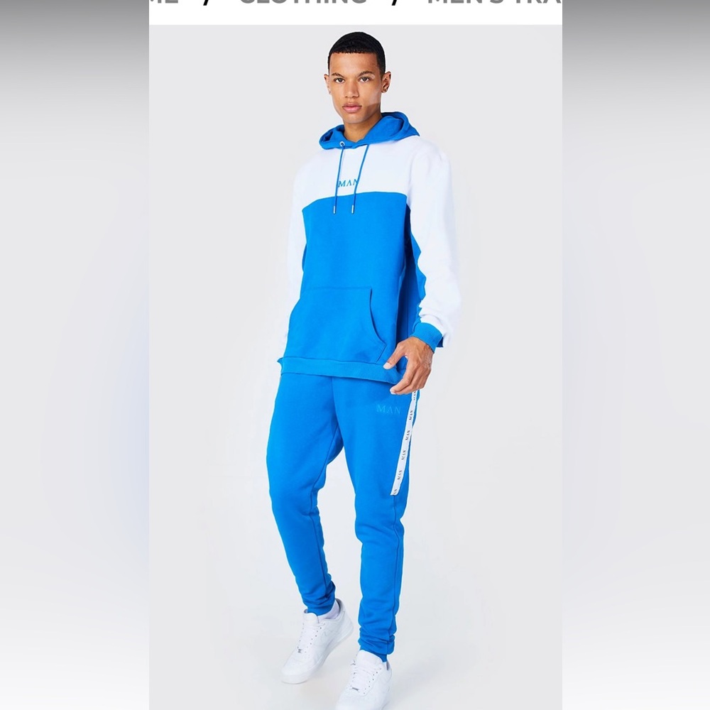 New boohooMAN tall man colour block tracksuit with tape Cobalt S